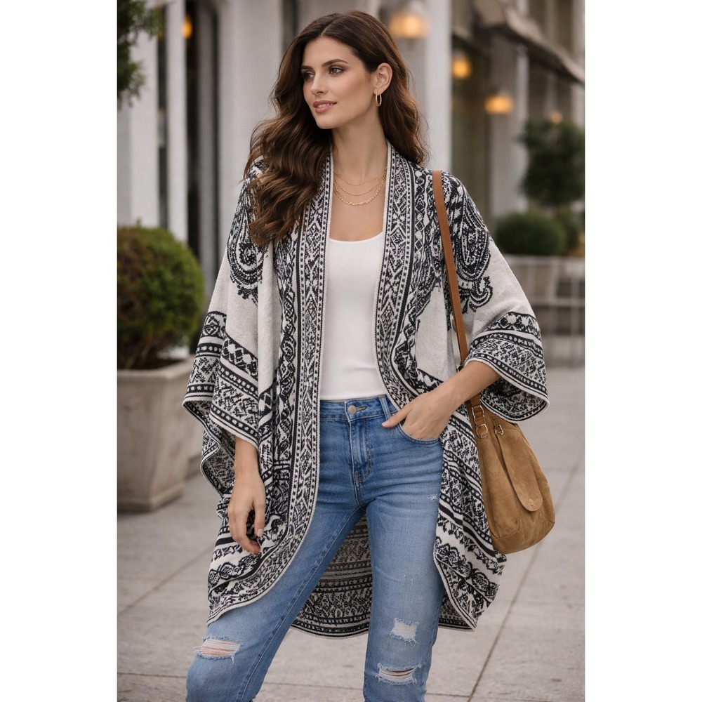 Yahata Boho Cocoon Cardigan Oversized Shawl Wrap Poncho Black White Lagenlook OS